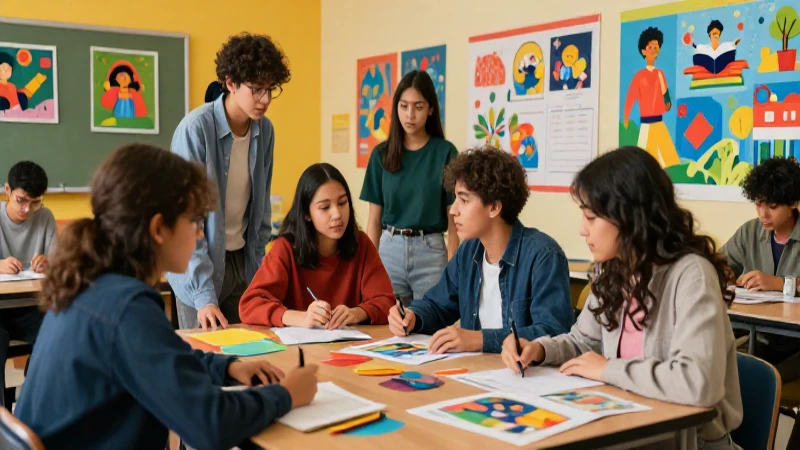 Estudiantes colaboran creativamente en un aula vibrante