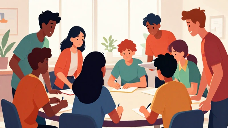 Ilustración vibrante muestra estudiantes aprendiendo juntos
