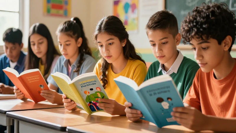 Estudiantes diversos leen juntos en clase soleada
