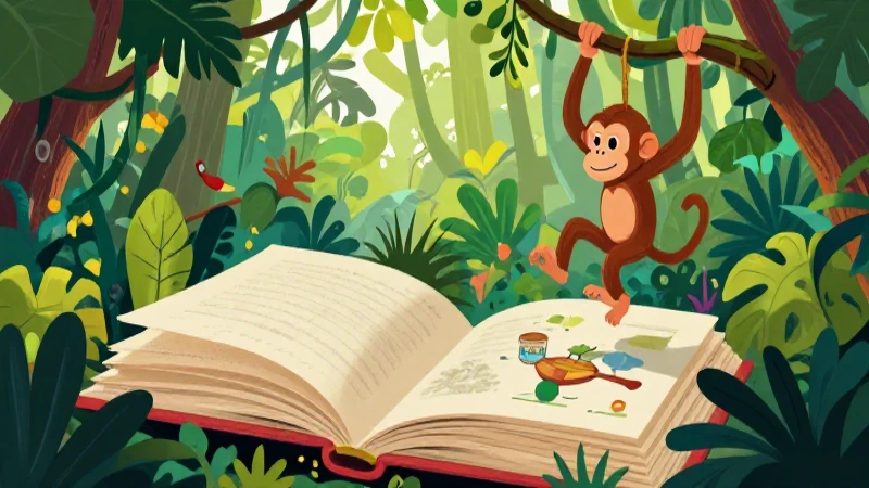 Ilustración didáctica: libro abierto se transforma en selva