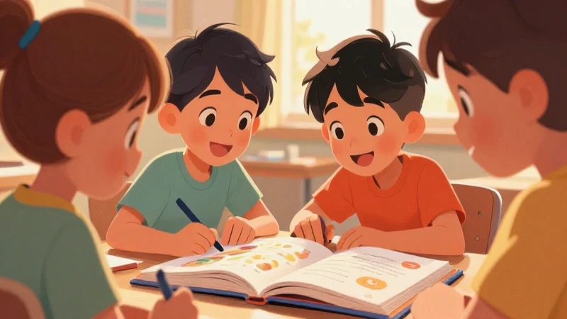 Niños aprenden alegremente en ilustración colorida