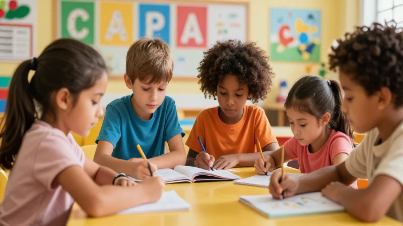 Niños diversos en una clase colorida y dinámica