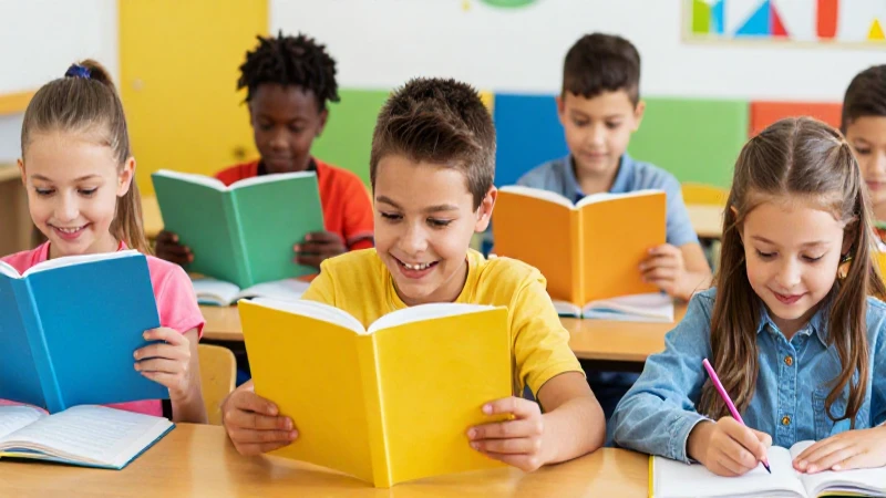 Aula colorida y alegre con niños estudiando