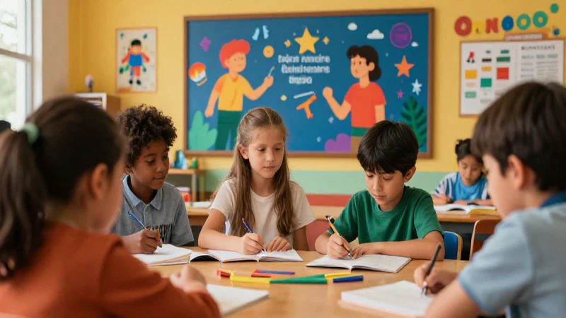 Niños aprenden idiomas en aula colorida