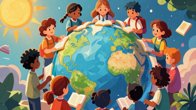 Ilustración colorida y dinámica sobre niños aprendiendo juntos