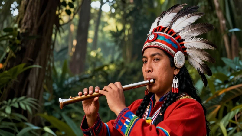 Músico náhuatl toca flauta en bosque exuberante