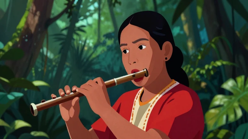 Flautista náhuatl en selva, iluminación dramática