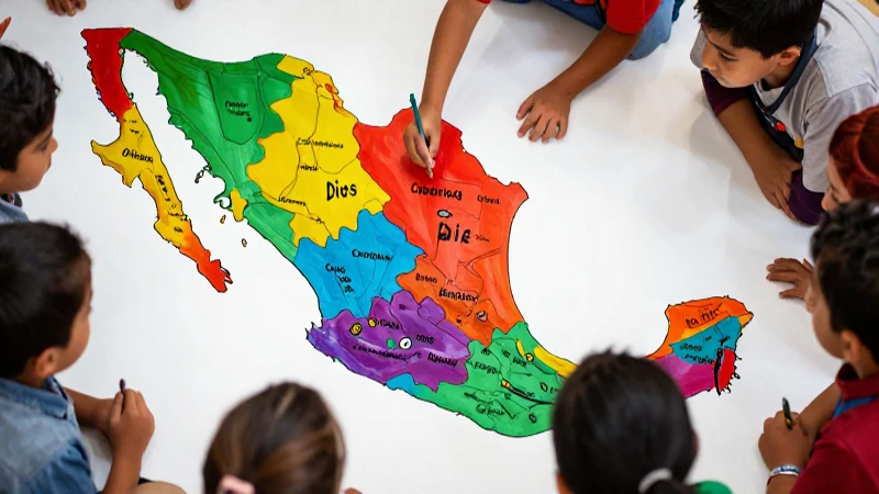 Mapa mexicano vibrante muestra niños aprendiendo