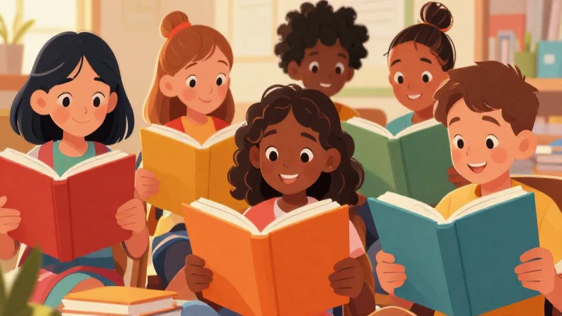 Niños diversos leen juntos alegremente