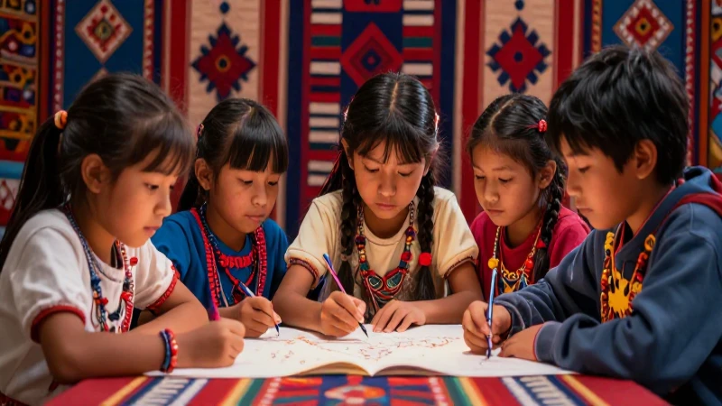 Ilustración vibrante y pedagógica de niños indígenas