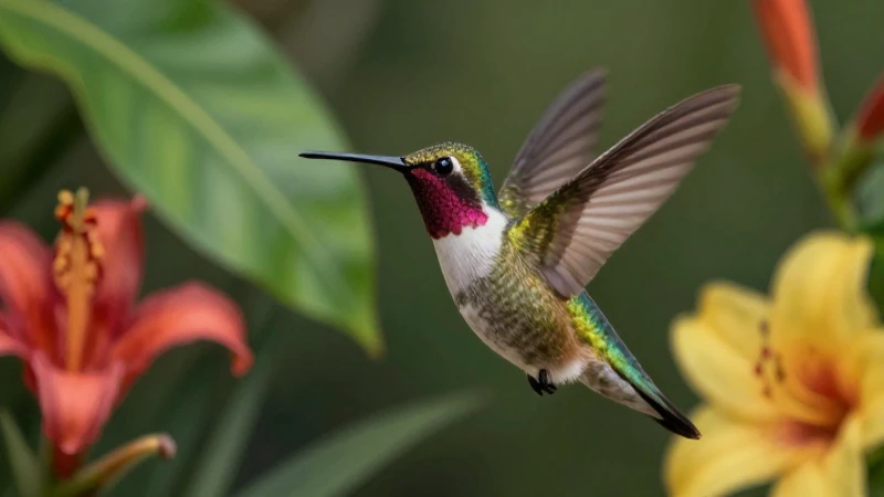 Colibrí vibrante en ilustración botánica tropical