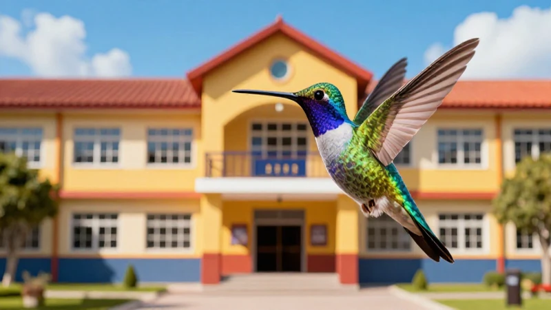 Colibrí vibrante frente a escuela estilizada
