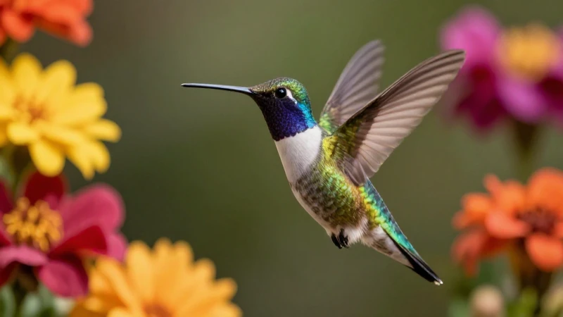 Colibrí vibrante en vuelo contra flores alegres