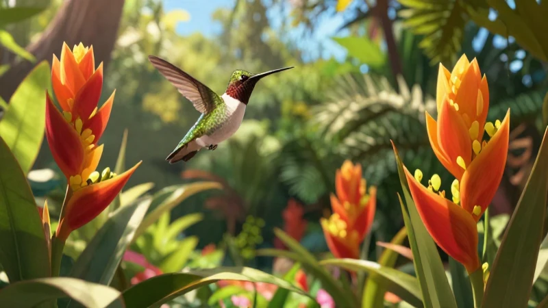 Jardín vibrante, ilustración botánica tropical iluminada