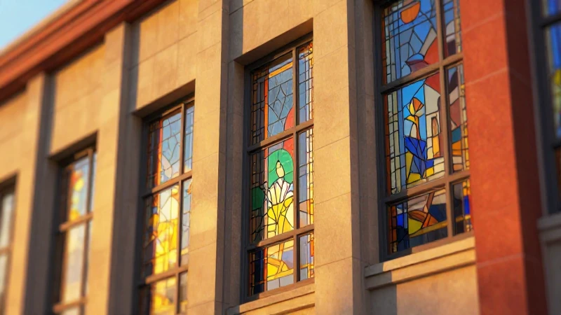 Fachada arquitectónica ilustrada con cálida luz dorada