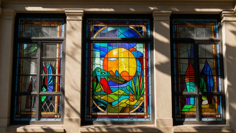 Fachada escolar ilustrada con vidrios coloridos