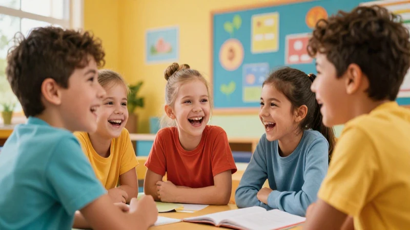 Niños alegres aprenden en un entorno colorido