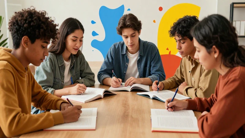 Estudiantes diversos estudian juntos en ambiente cálido