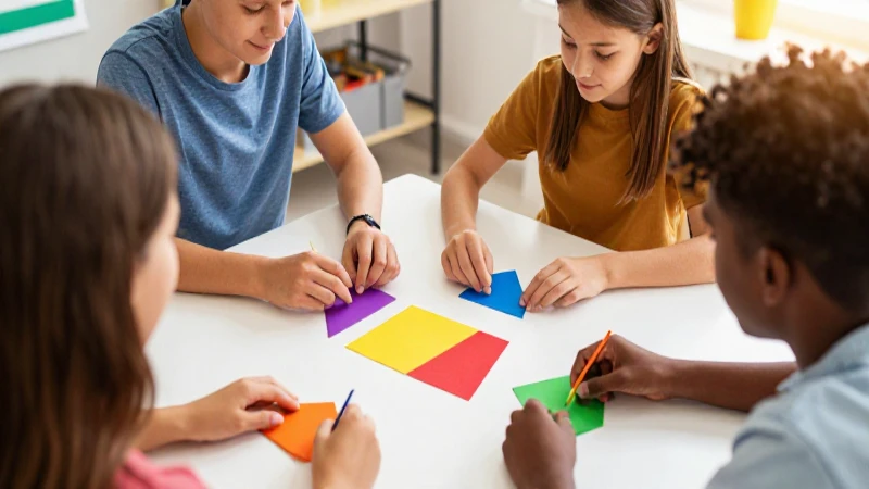 Alumnos diversos colaboran en formas geométricas coloridas