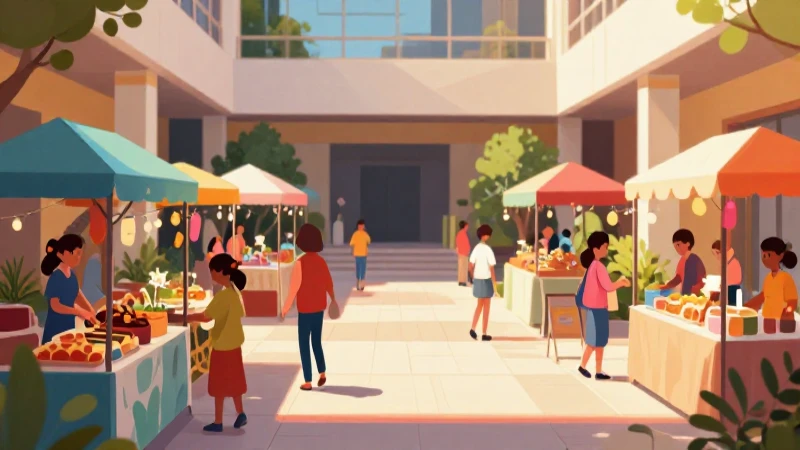 Ilustración vibrante muestra un mercado con luz cálida