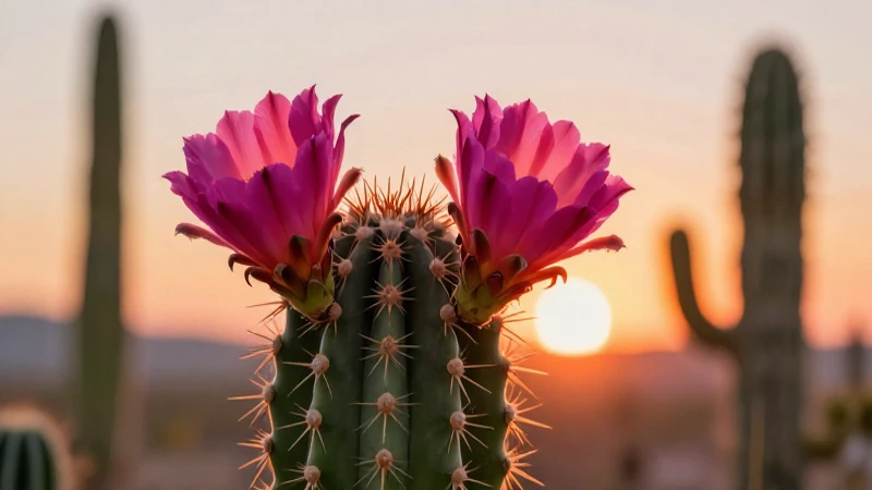 Cactus floreciente vibrante al atardecer desértico