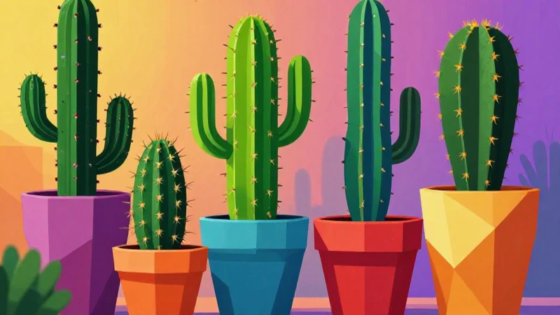 Cactos modernos en ilustración botánica vibrante