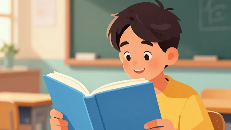 Estudiante sonríe leyendo en aula colorida