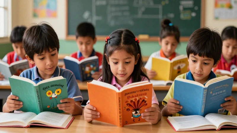 Niños leen con alegría en una ilustración mexicana