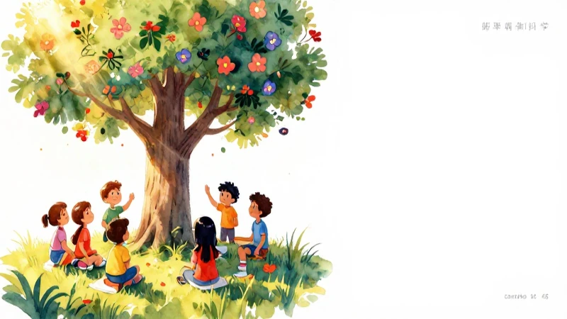 Niños aprenden alegres bajo un árbol sabio