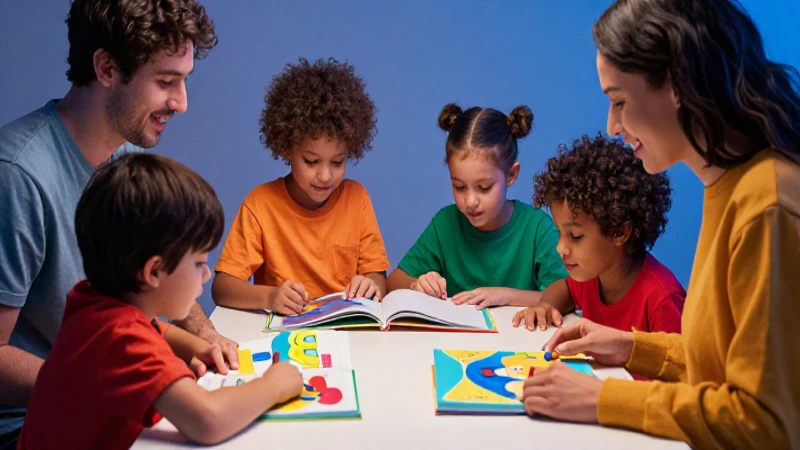 Familia lee libros con colores vibrantes