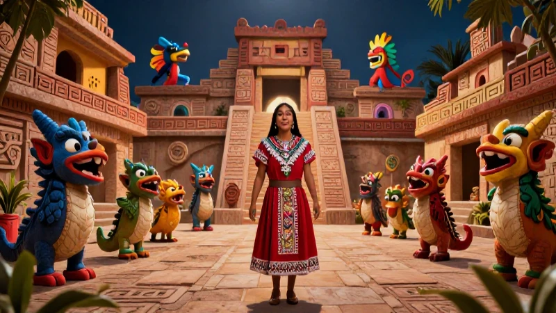 Ilustración vibrante de narrador maya en Kaqchikél