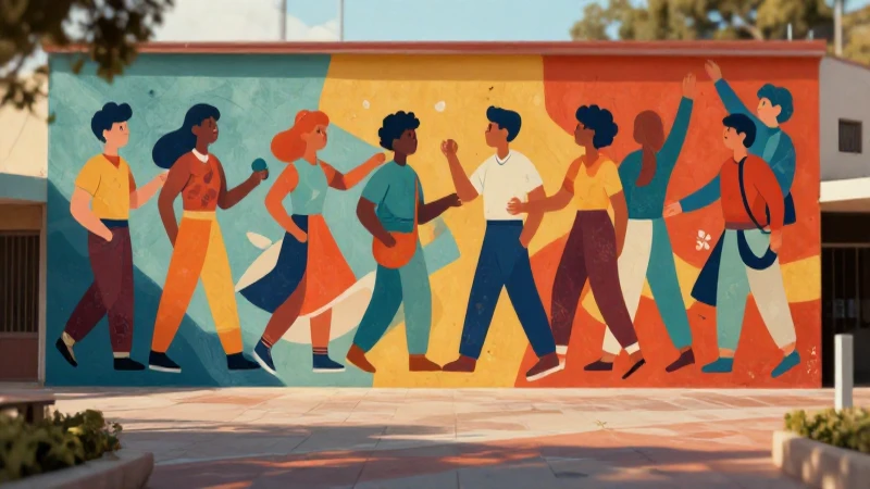 De lo Humano a lo Comunitario: ¡Descubre el Impactante PDF! 8 Mural moderno y dinámico en una plaza soleada