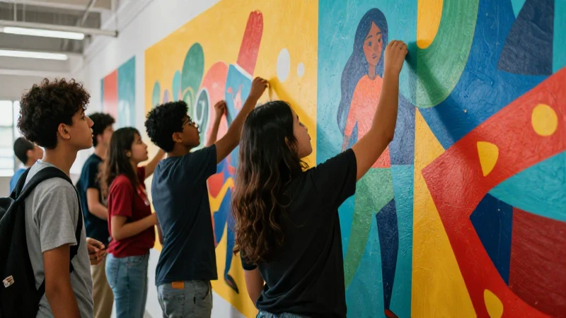 De lo Humano a lo Comunitario: ¡Descubre el Impactante PDF! 12 Estudiantes colaboran en mural colorido y moderno