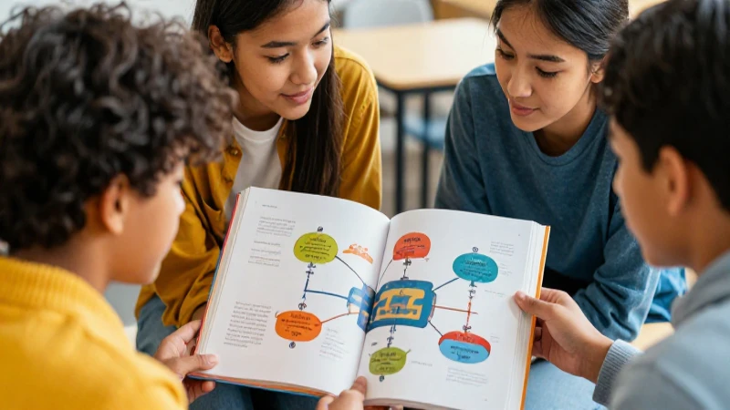 Estudiantes trabajan en un proyecto educativo colorido