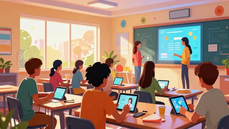 Estudiantes diversos aprenden en un aula futurista