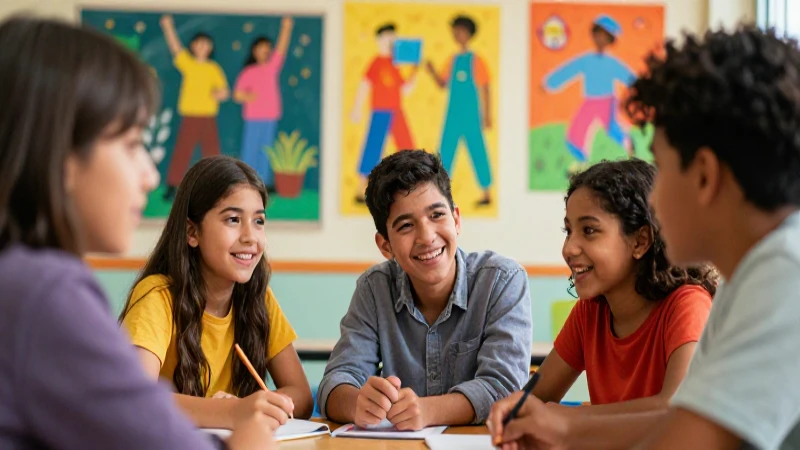 Estudiantes diversos aprenden con alegría y color
