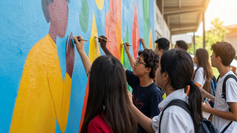 Adolescentes pintan mural colaborativo, estilo didáctico