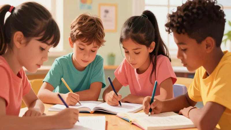 Ilustración vibrante de niños aprendiendo juntos