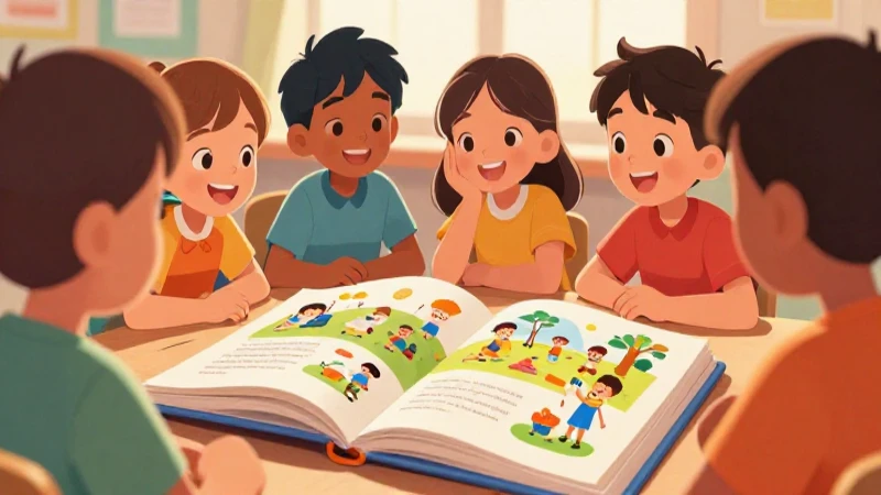 Niños sonriendo observan una ilustración escolar vibrante