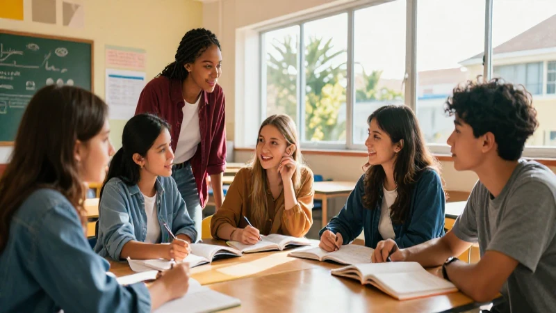 Estudiantes colaboran en aula luminosa y vibrante