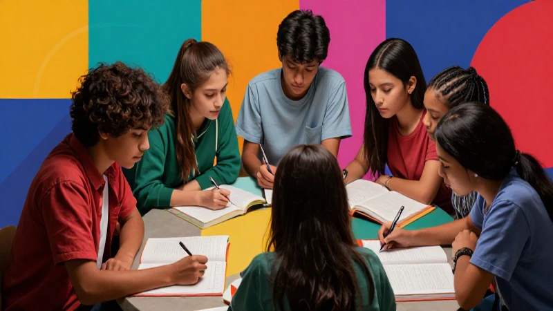 Jóvenes diversos estudian en ambiente académico moderno