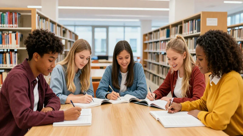 Jóvenes diversos estudian en una biblioteca colorida