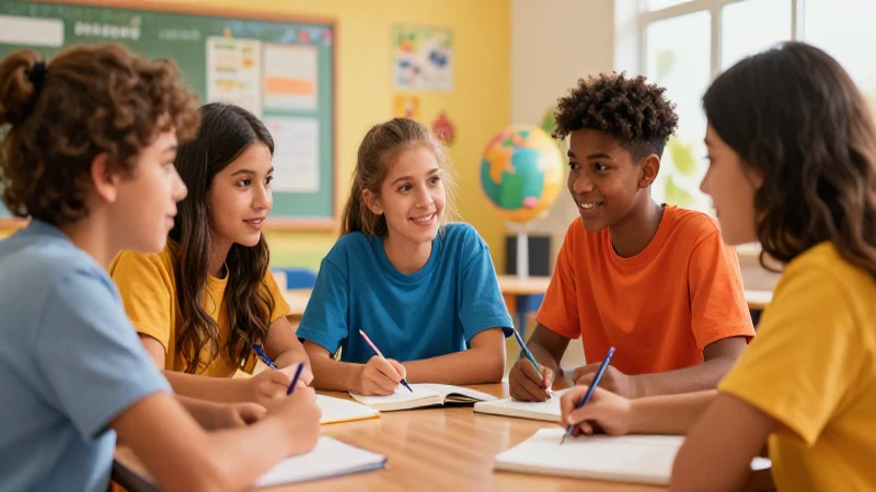 Estudiantes adolescentes colaboran en un aula vibrante
