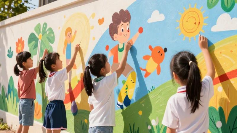Niños colaboran en un mural colorido y optimista