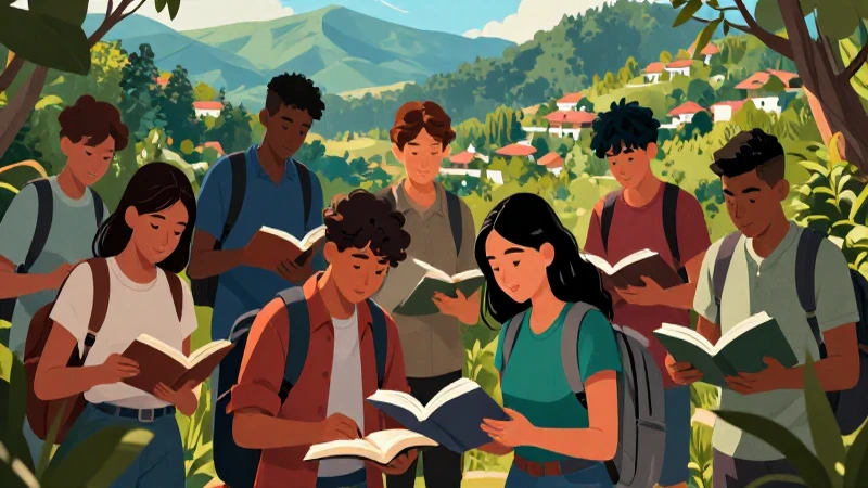 Jóvenes estudian al aire libre, colorido y vibrante