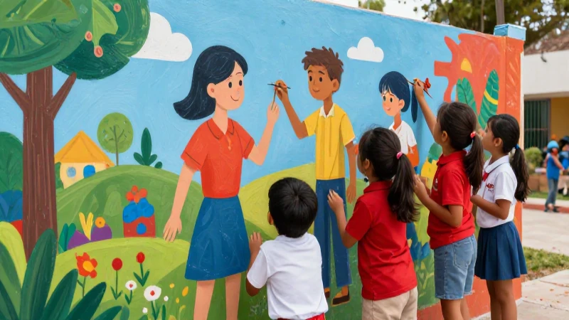 Niños pintan un mural vibrante y educativo