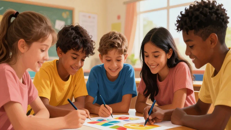 Estudiantes colaboran alegremente en proyecto educativo