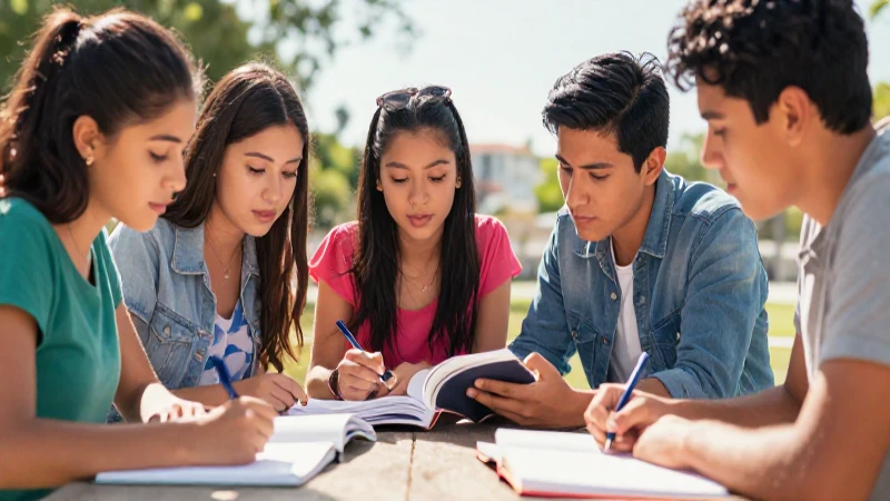 Estudiantes diversos mexicanos estudian al aire libre
