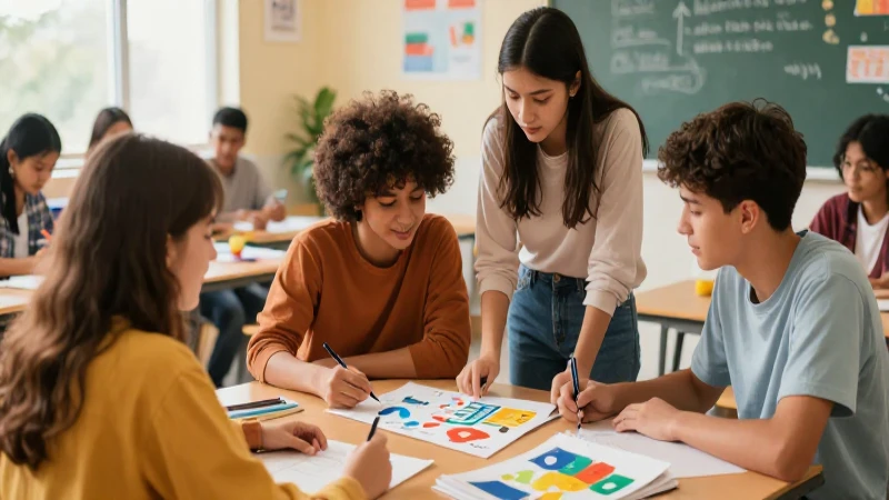 Aula vibrante con adolescentes colaborando creativamente