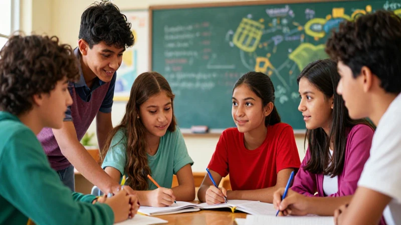Estudiantes jóvenes colaboran en aula colorida